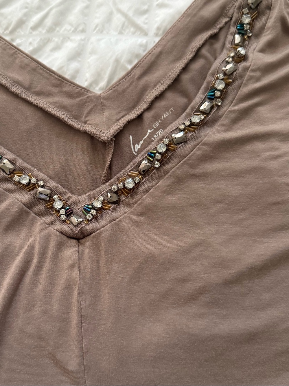 Lane Bryant Taupe V‑Neck Tunic with Beaded Trim